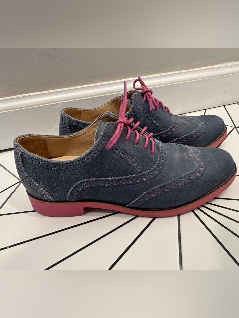 Cole Haan Alisa- vintage Blue Suede Wingtip Loafers with Pink Accents